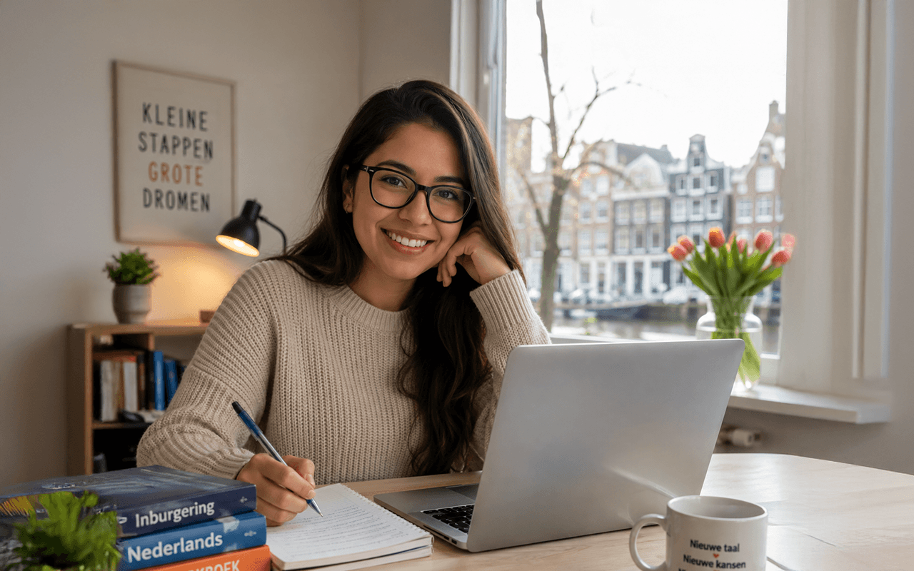 Estudiante aprendiendo neerlandés en una clase online